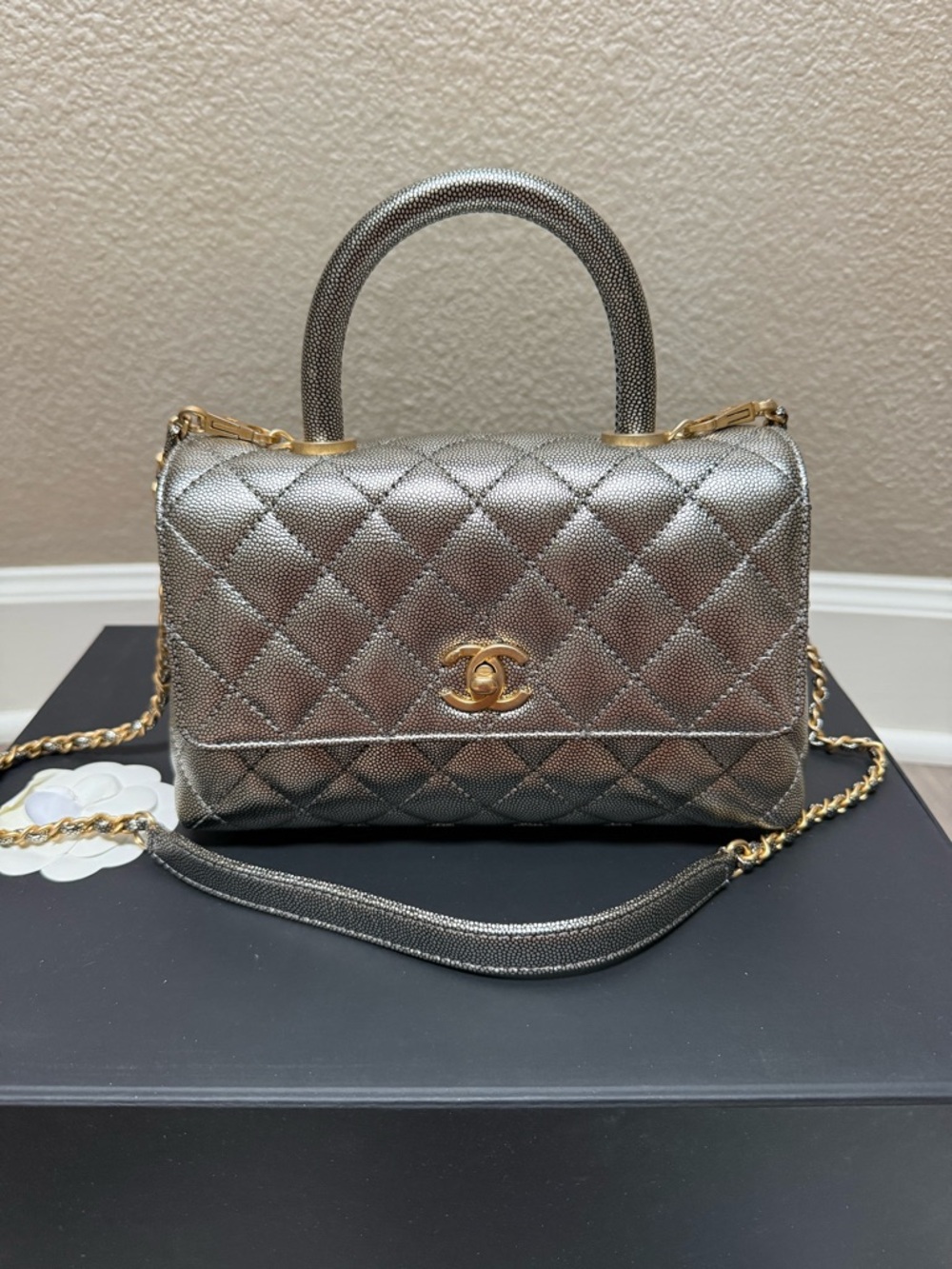 BNIB CHANEL Small Quilted Coco Handle Metallic Silver with Gold Hardware - Picture 7 of 8